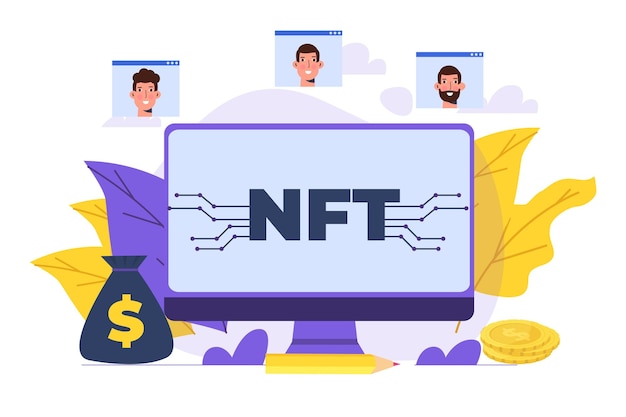 NFT theme isometric concept. Cryptographic art. Non-fungible token. Vector illustration.