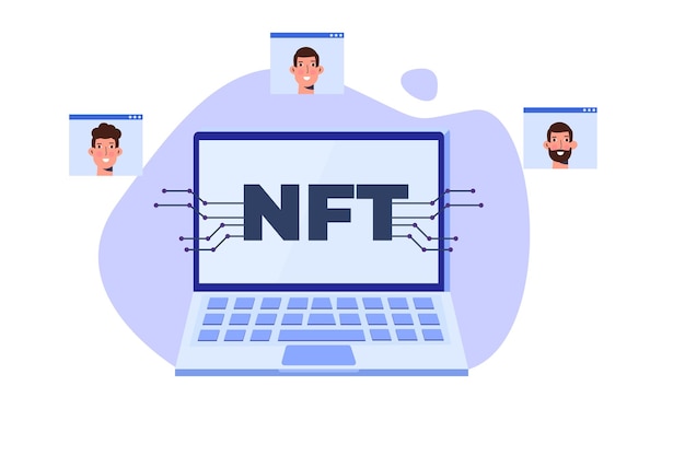 NFT theme isometric concept. Cryptographic art. Non-fungible token. Vector illustration.