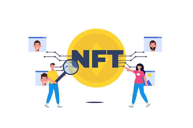 NFT theme isometric concept. Cryptographic art. Non-fungible token. Vector illustration.