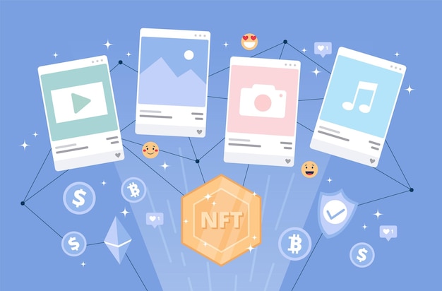 NFT token concept digital goods trading Crypto currency icons and emoji icons