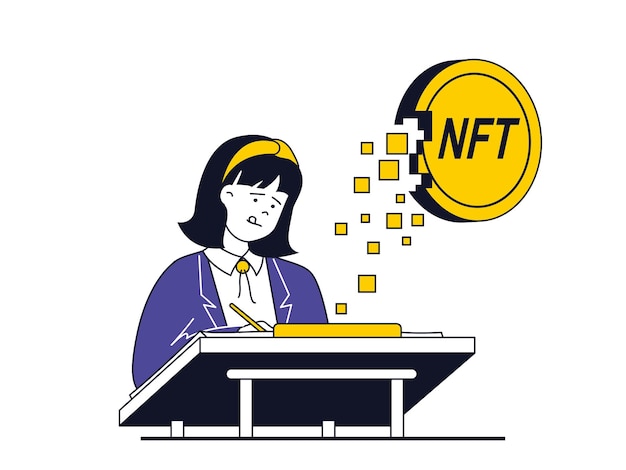 NFT token concept with character situation Woman artist creates digital art with NFT technology sells masterpieces at virtual auction Vector illustration with people scene in flat design for web