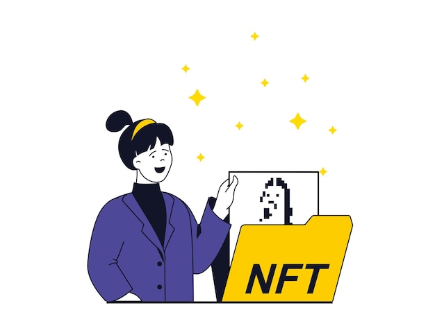 NFT token concept with character situation Woman seller trading on virtual marketplaces and auctions with digital pictures and other art Vector illustration with people scene in flat design for web