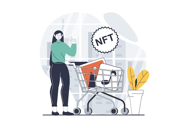 NFT token concept with people scene in flat design for web Woman with cart buying collectible artwork paintings in virtual gallery Vector illustration for social media banner marketing material