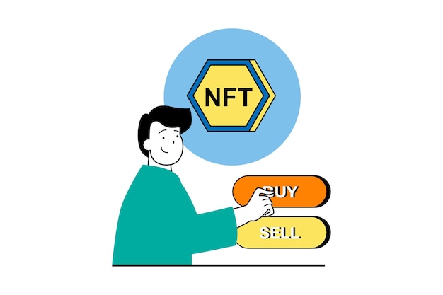 NFT token concept with people scene in flat web design Man buying and selling digital unique artworks with cryptocurrency payments Vector illustration for social media banner marketing material