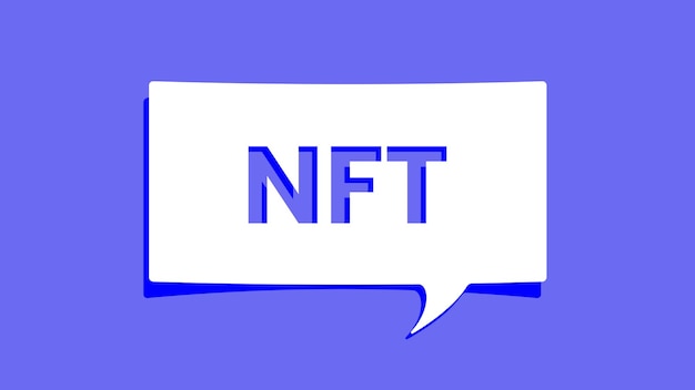 NFT word on cutout white paper speech bubble on blue background