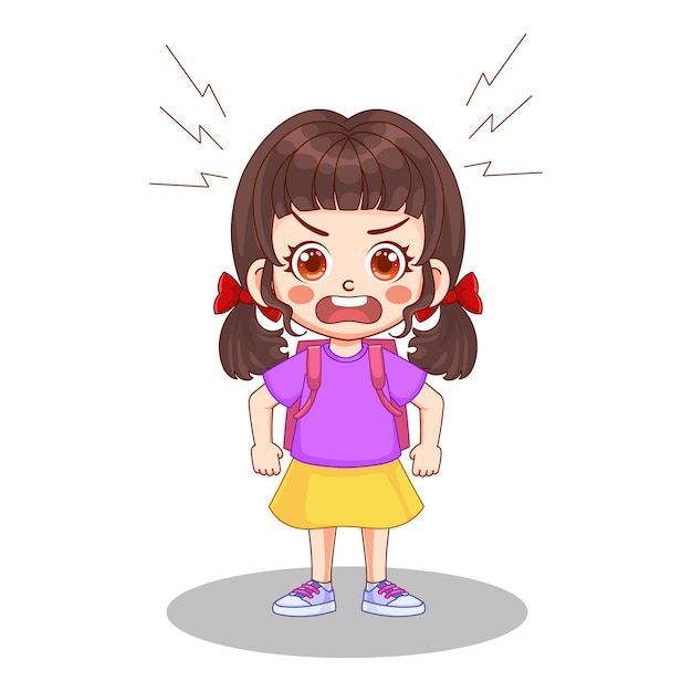 ngry posing expression Cute kid girl with backpack vector illustration. The kid girl goes to school.