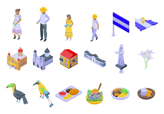 Nicaragua icons set isometric vector America flag