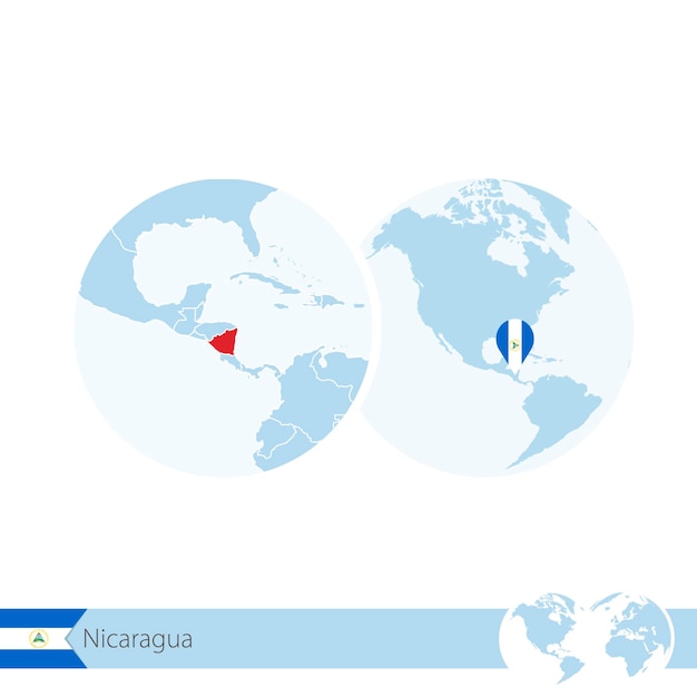 Nicaragua on world globe with flag and regional map of Nicaragua. Vector Illustration.