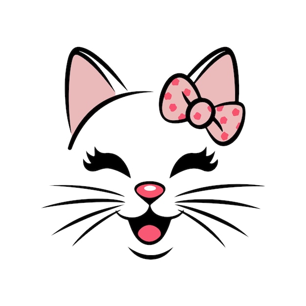 Vector nice cat avatar only ears nose mouth and whiskers one ear decorated with a bow white background