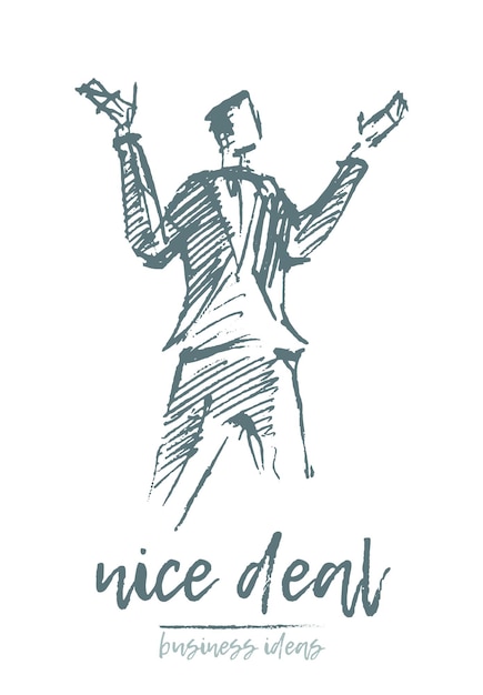 Nice deal concept business vector illustration, a man with hands raised in admiration, sketch