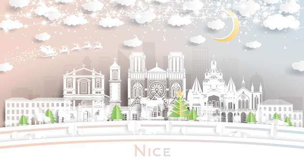 Nice France City Skyline in Paper Cut Style with Snowflakes Moon and Neon Garland