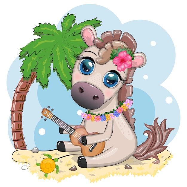 Nice horse pony in flower wreath hat guitar hula dancer from Hawaii Summer card for the festival travel banner