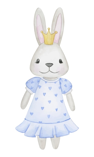 Nice little cartoon bunny princess in blue dress and crown watercolor hand drawn illustration isolated on white background