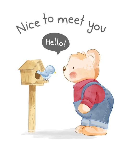 nice to meet you greeting card with cute bear and little bird illustration