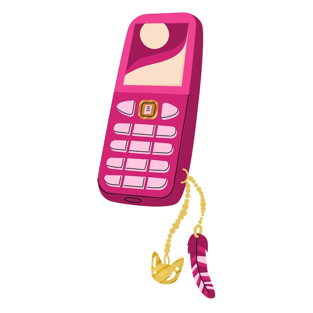 Nice pink mobile phone in 2000s style with cat and feather keyring Stylish retro accessory for girls Sticker design or print for tshirt Vector illustration isolated on white background