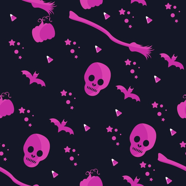 Nice pink seamless print with Halloween decorative elements pumpkin bat scull Trendy color palette pattern Nice cute graphic characters and decor objects