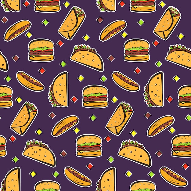 Nice seamless pattern with colorful outline fast food on dark violet background