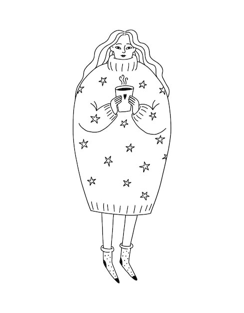 Nice young woman Doodle girl in an oversized sweater with a cup of hot fragrant coffee in her hands