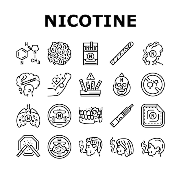 Nicotine cigarette tobacco smoke icons set vector