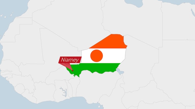 Niger map highlighted in Niger flag colors and pin of country capital Niamey