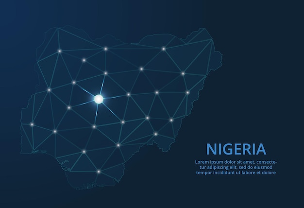 Nigeria communication network map Vector low poly image of a global map with lights in the form of cities Map in the form of a constellation mute and stars