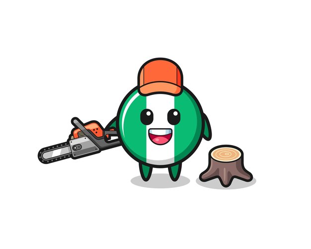 Nigeria flag lumberjack character holding a chainsawxA cute designxA