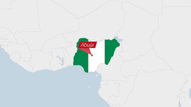 Nigeria map highlighted in Nigeria flag colors and pin of country capital Abuja