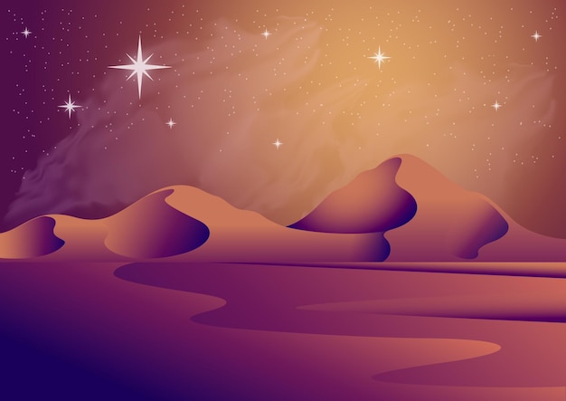 Vector night arabian desert with starry sky graphic illustration