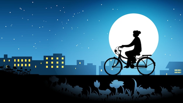 Night background with silhouette of a girl riding a bicycle and full moon