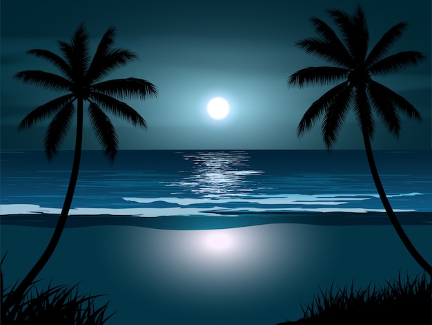 Night beach landscape with full moon