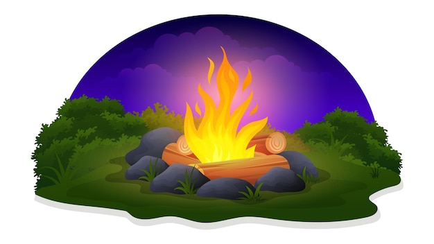 Night Campfire firewood vector illustration with grass, bush and stone