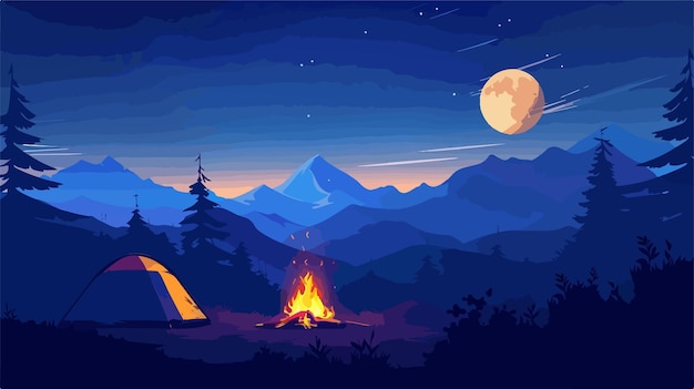 Night Camping Concept with Tent and Bonfire