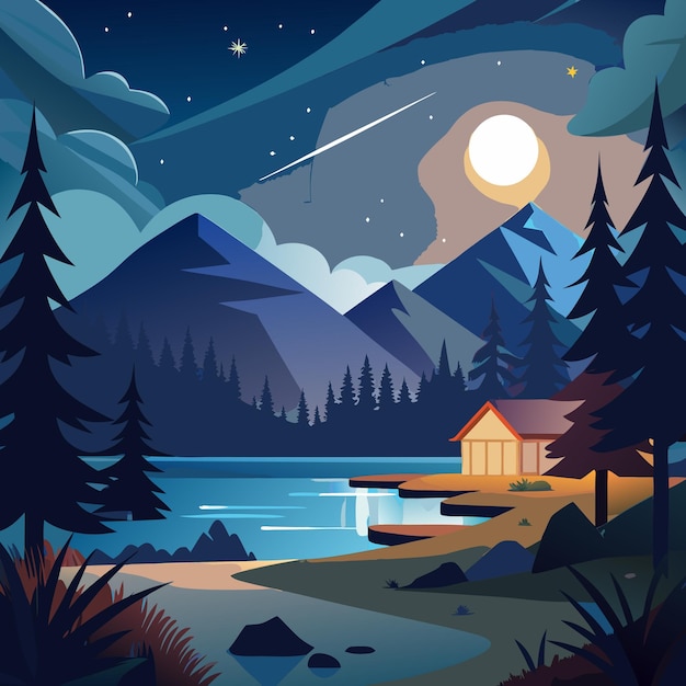 Night Cartoon Vector Of Dark Evening Woodland Landscape