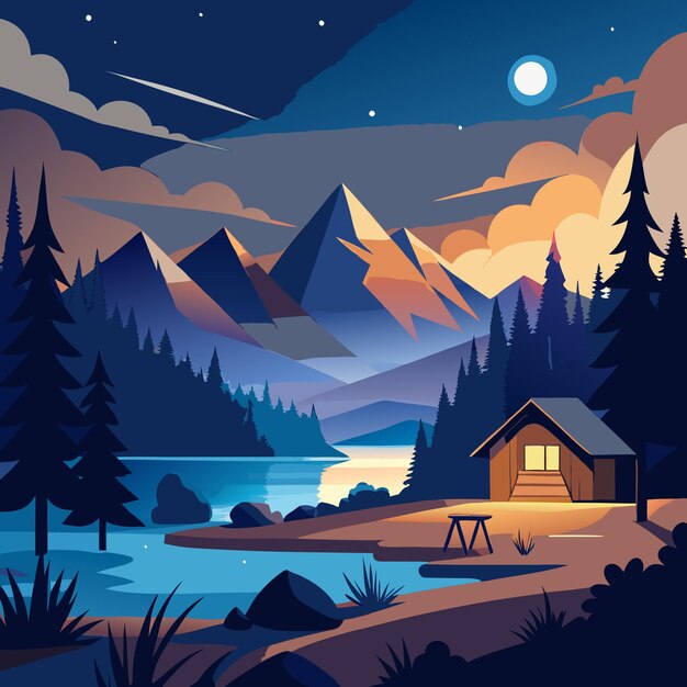 Night Cartoon Vector Of Dark Evening Woodland Landscape