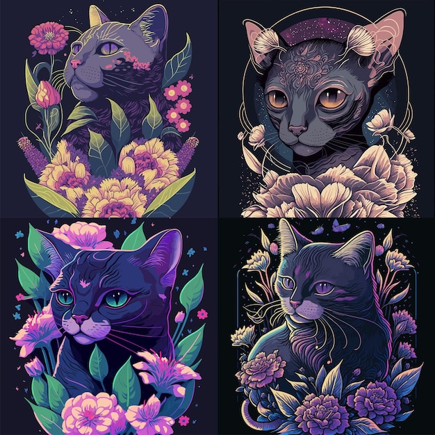 Night cats with blossoming flowers. Vector illustration. Anime cartoon style set.