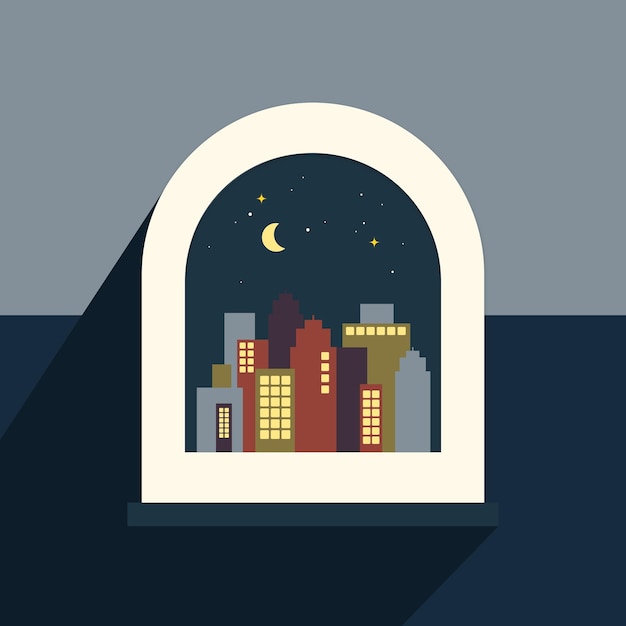 Night Cities View From Window Vector Illustration