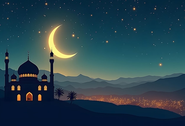 Night city buildings Mosque and house silhouettes Old arabian cityscape Sunset town scenery