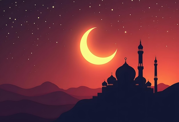 Night city buildings Mosque and house silhouettes Old arabian cityscape Sunset town scenery