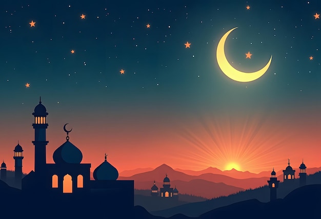 Night city buildings Mosque and house silhouettes Old arabian cityscape Sunset town scenery