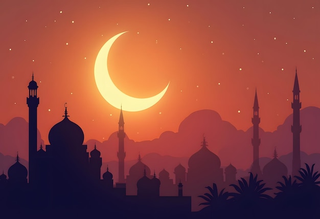 Night city buildings Mosque and house silhouettes Old arabian cityscape Sunset town scenery