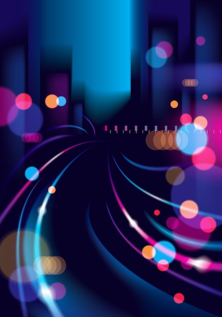 Vector night city life with street lamps and bokeh blurred lights. effect vector beautiful background. blur colorful dark background with cityscape, buildings silhouettes skyline.