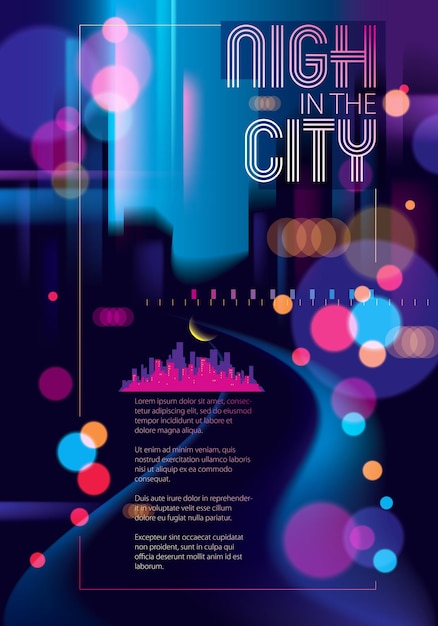 Vector night city with blurred lights bokeh texture vector illustration. blur colorful dark background with cityscape, buildings silhouettes skyline. brochure, flyer, cover, poster or guidebook template.