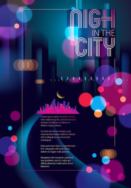 Vector night city with blurred lights bokeh texture vector illustration. blur colorful dark background with cityscape, buildings silhouettes skyline. brochure, flyer, cover, poster or guidebook template.