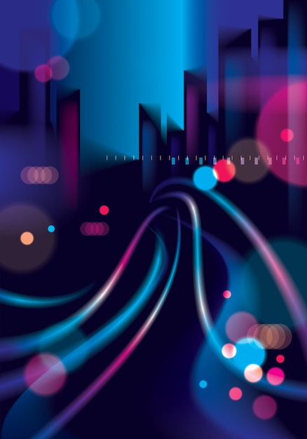 Night city with blurred lights bokeh texture vector illustration. Effect vector beautiful background. Blur colorful dark background with cityscape, buildings silhouettes skyline.