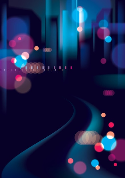 Vector night city with blurred lights bokeh texture vector illustration. effect vector beautiful background. blur colorful dark background with cityscape, buildings silhouettes skyline.