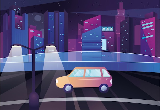 Vector night city with neon illumination and car on a top of illustration futuristic cityscape with car