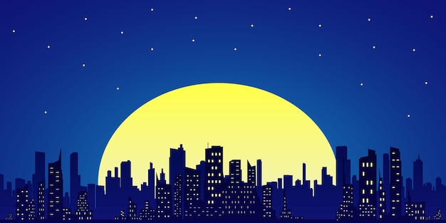 Night City with Skyscrapers against Starry Sky.Full moon and starry sky city and cathedral silhouette  illustration.