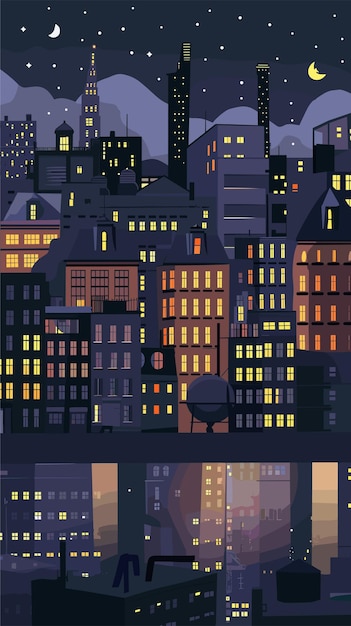 Vector night cityscape illustration featuring various buildings lit windows under starry sky crescent