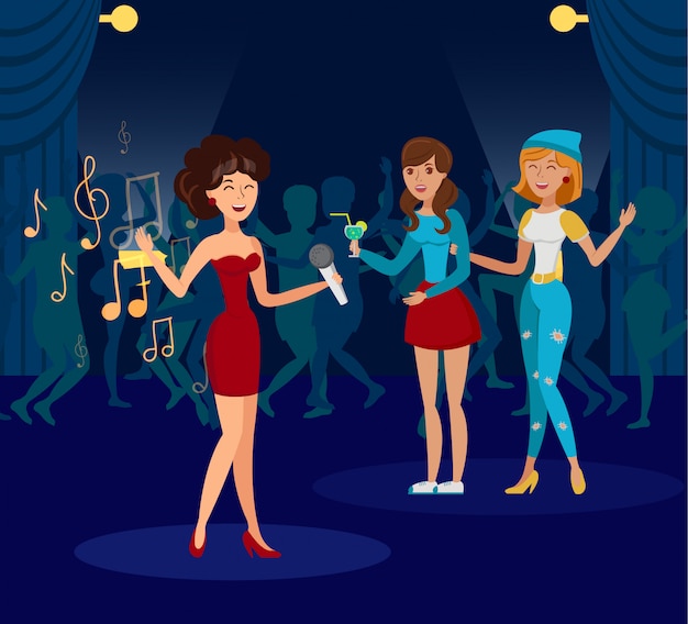 Night Club, Karaoke Party Flat Illustration