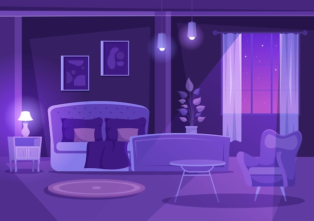 Night Cozy Bedroom Interior with Furniture on Modern Style in Cartoon Vector Illustration